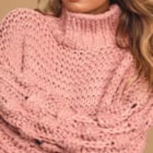 Mauve Pom Pom Sleeve Chunky Knit Turtleneck Sweater